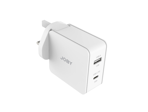Joby  Wall Charger Dual Output USB-C PD 30W (USB Power Delivery)  & USB-A 12W - White, Rubber Coated