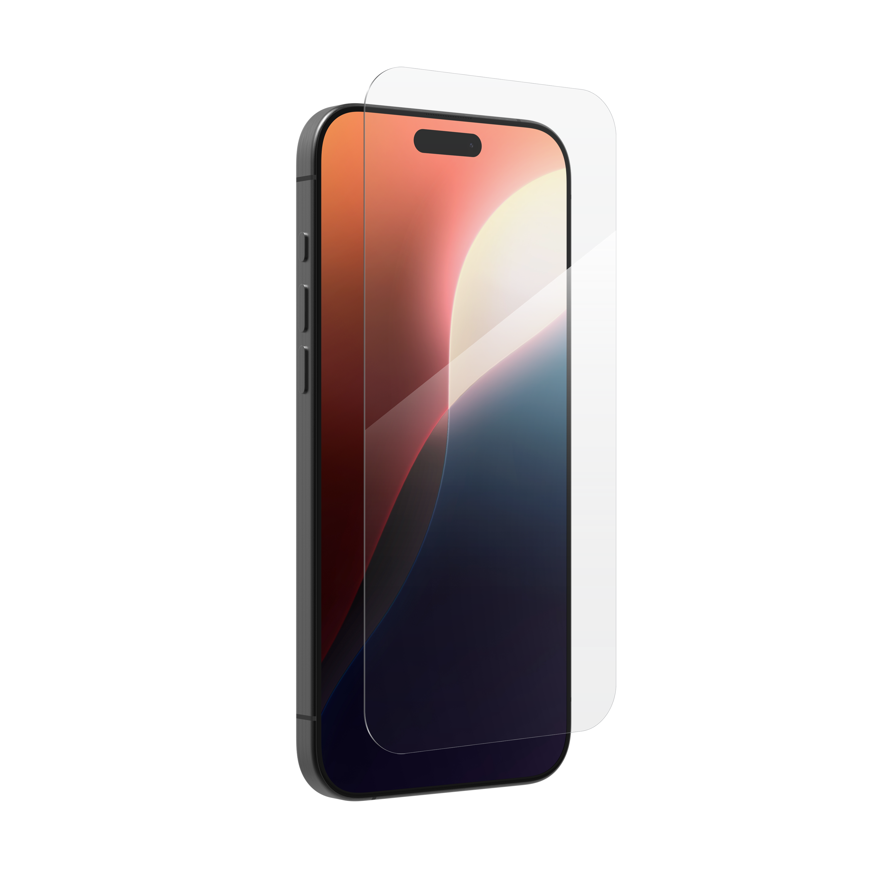 image of the top half of an iPhone with a ZAGG screen protector hovering close to it