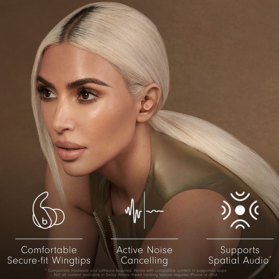 Kim Kardashian lifestyle photo, Beats Fit Pro noise cancelling wireless earbuds