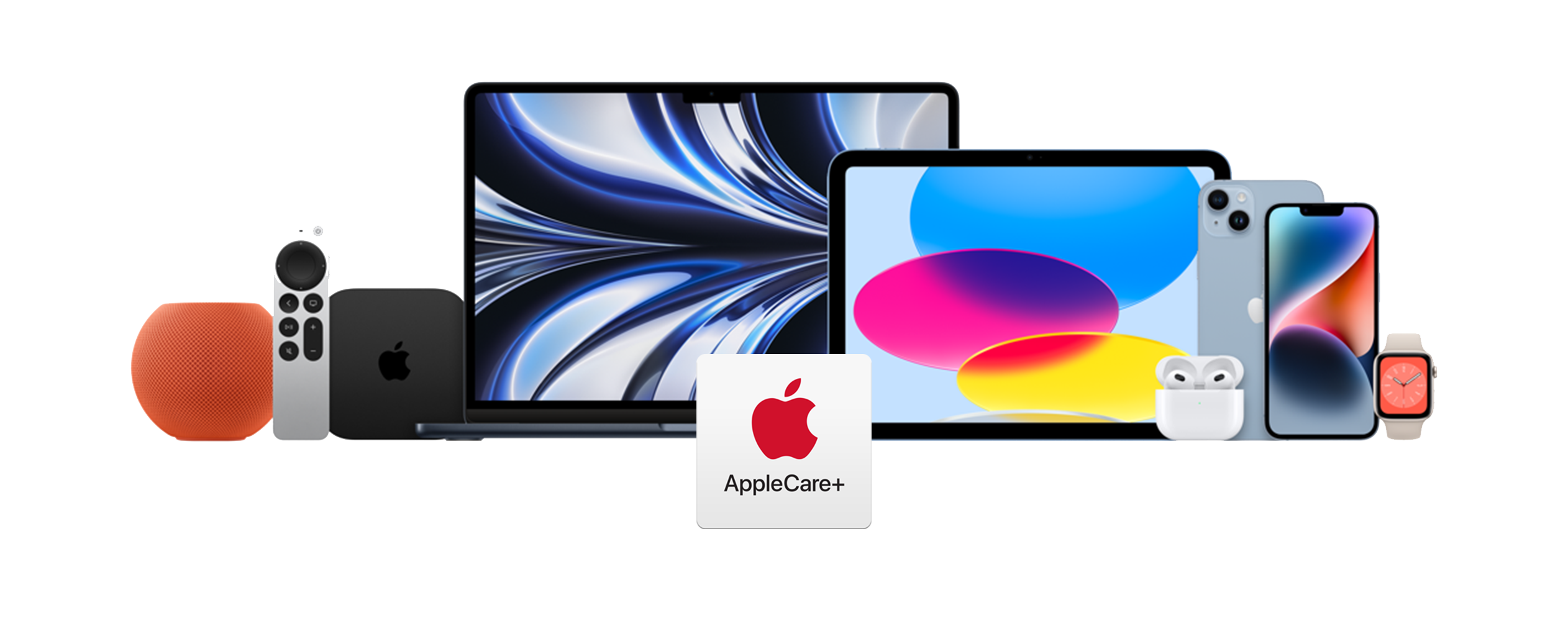 AppleCare logo and a selection of Apple products that are covered