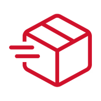 Red icon of shipping box to represent fast shipping