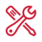 Red icon of hammer and wrench to represent service and repair