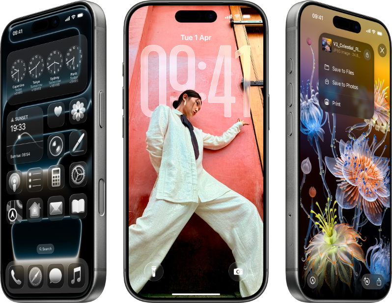 IOS 26 examples on three iPhones side by side