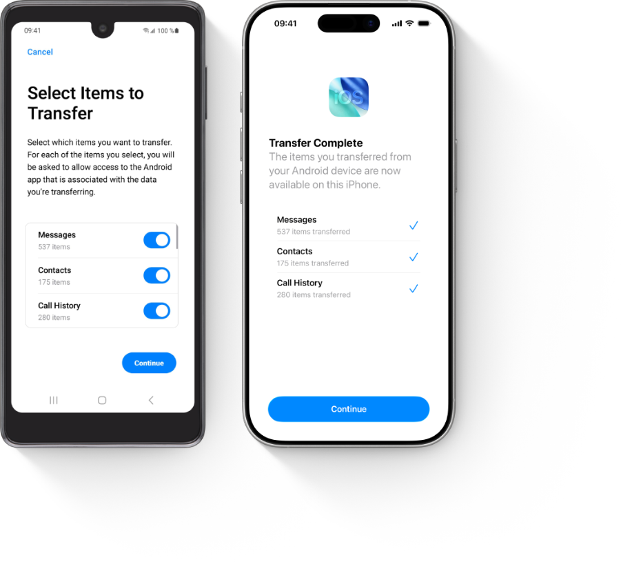 Two iPhones side by side showcasing the Move to IOS app