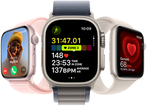 Apple Watch Series 9 facing slightly left, Apple Watch Ultra 2 facing forwards and Apple Watch SE facing slightly right