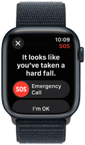 Apple Watch Series 9 detecting a hard fall and showing an option for an emergency call